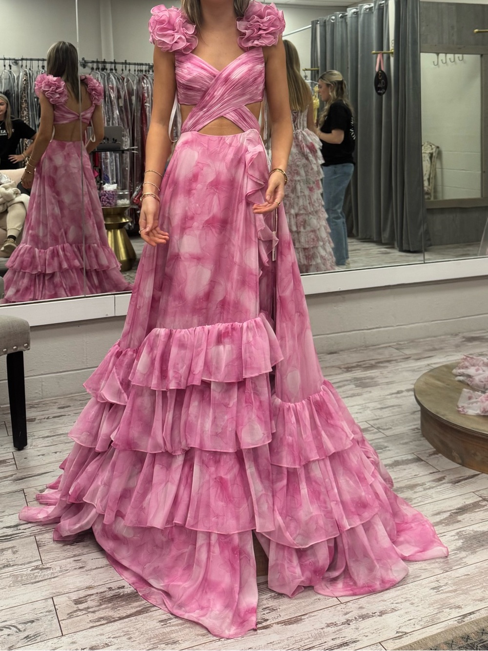 Pink Ruffled Tiered Prom Gown